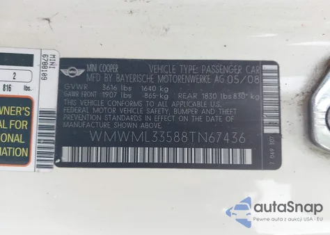 2008 Mini Cooper Clubman из США, поврежденный, VIN WMWML33588TN67436